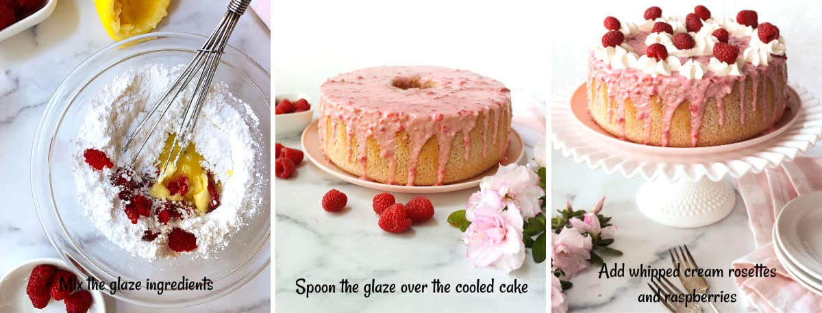 Raspberry icing on a chiffon cake.