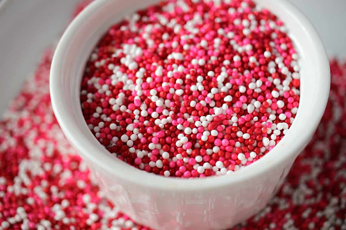 Red white and pink nonpareil sprinkles.