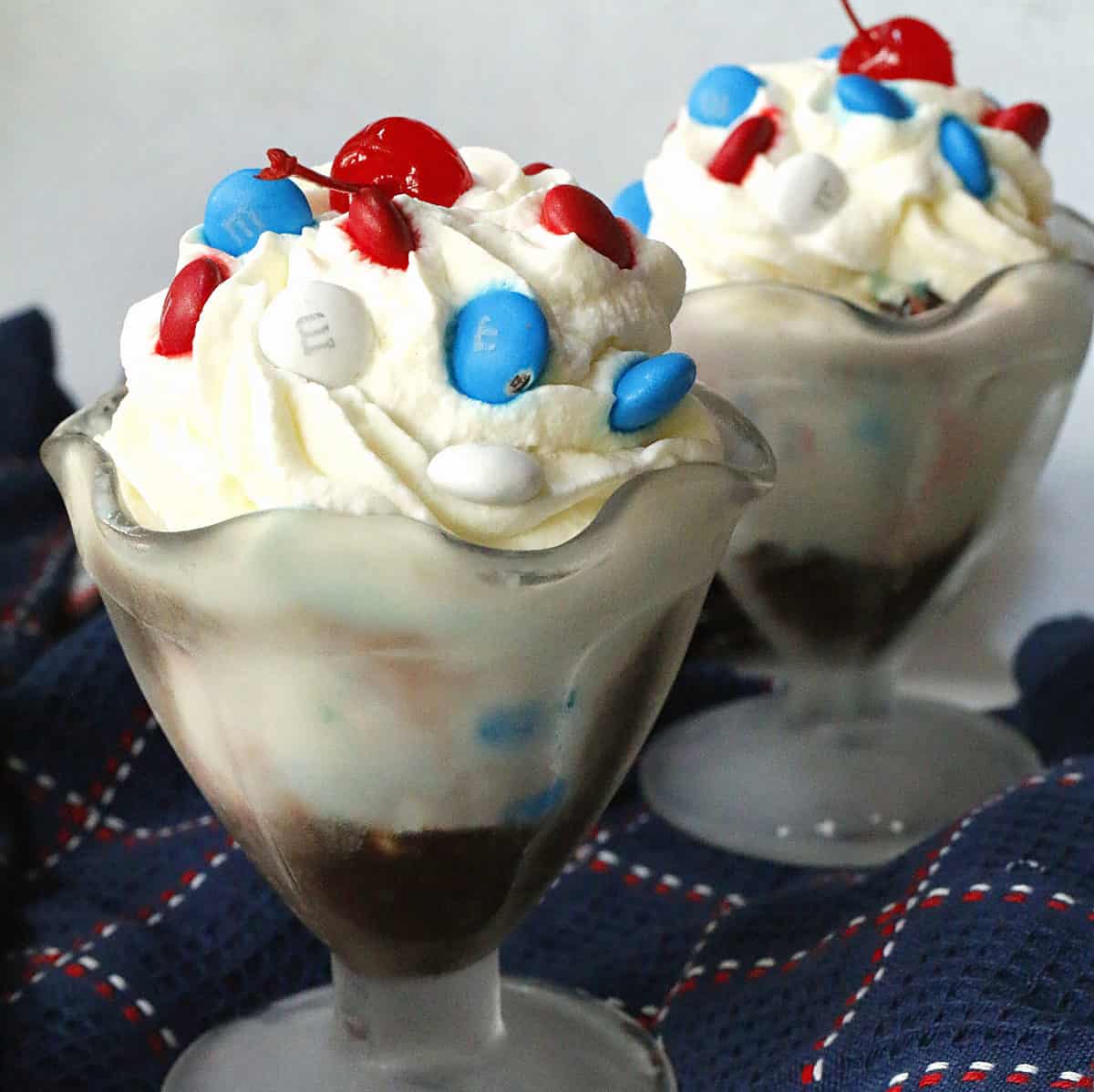 red, white & blue sundaes with M&M's