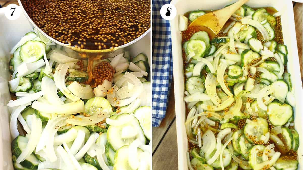 Pouring hot brine on cucumbers and onions in a white pan.