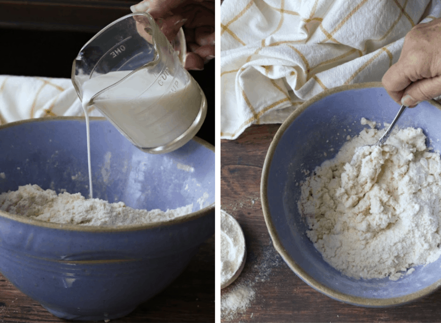 Mixing milk into butter and flour for biscuits.
