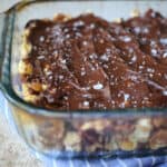 A baking pan with chocolate bars.