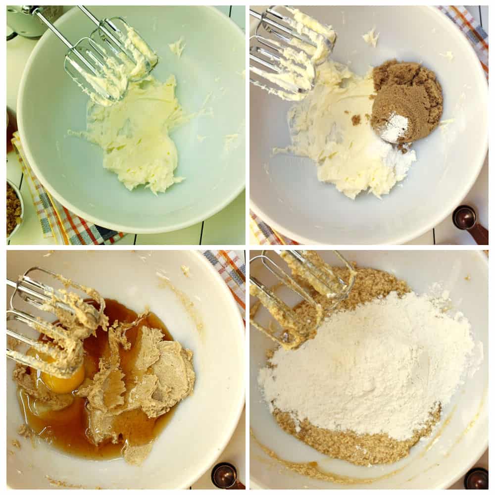 Mixing cookie dough batter by beating butter, brown sugar, eggs, ad flour.