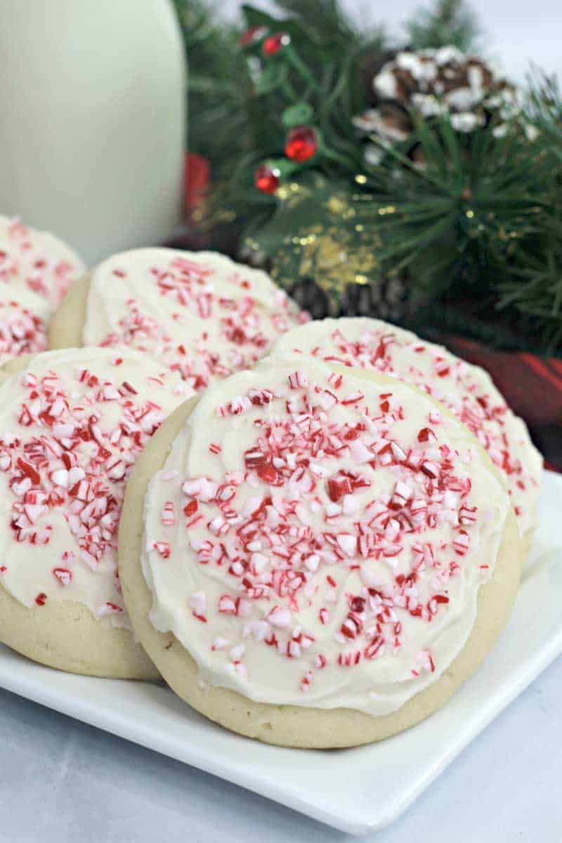 Candy Cane Amish Sugar cookies with peppermints on top.