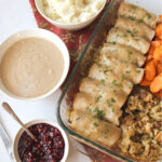 A turkey and stuffing casserole dish.