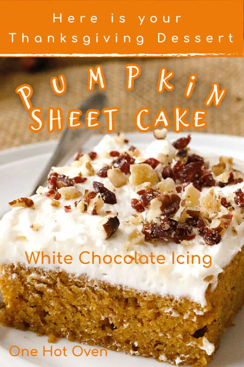 Pin for pumpkin sheet cake with text overlay.