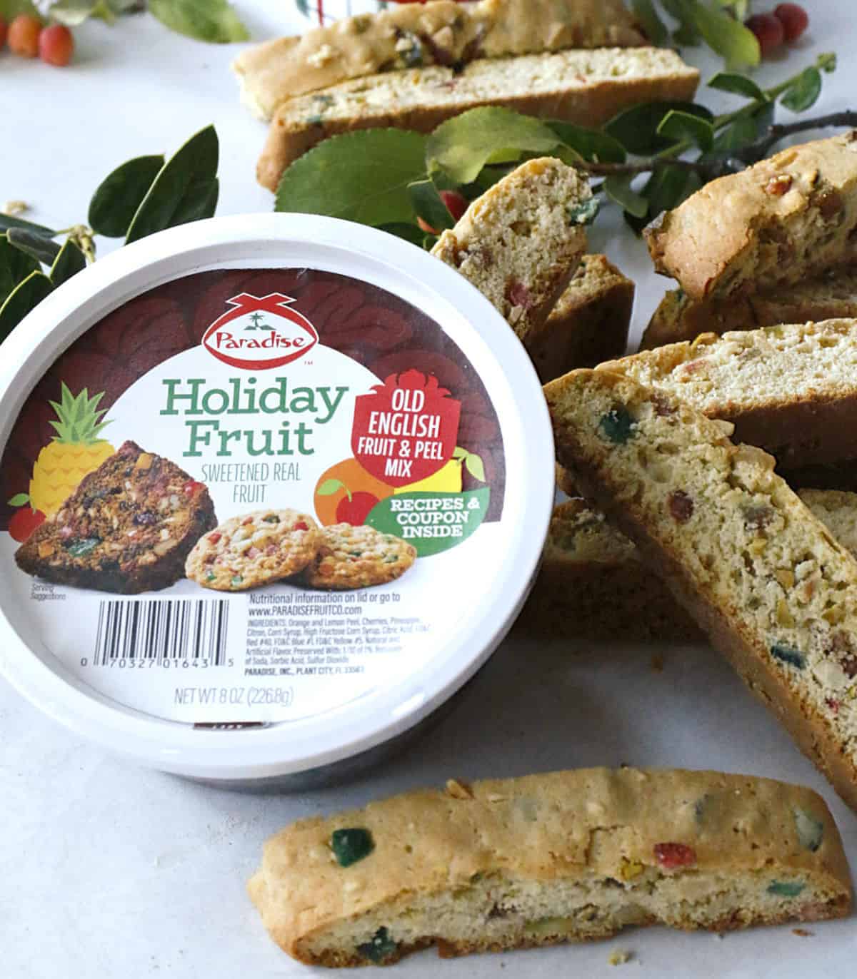 Holiday Fruit blend of candied fruit and jeweled biscotti cookies