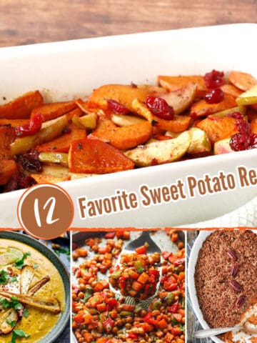 Four images of sweet potato recipes.