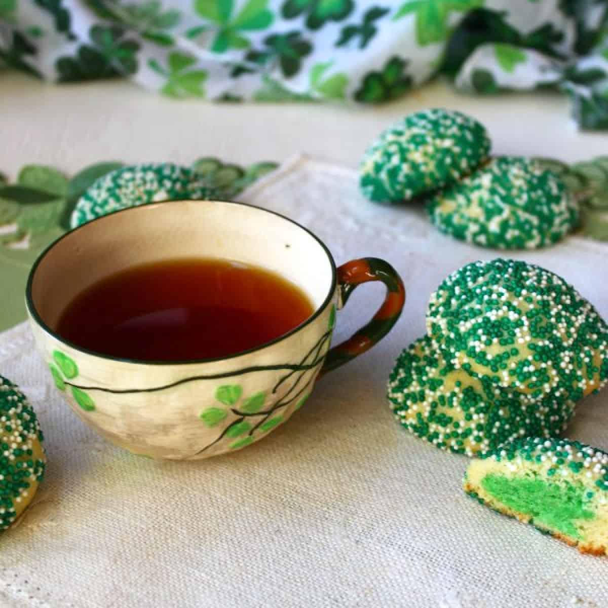Mint sprinkle cookies with a cup of tea.