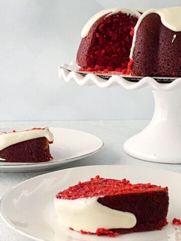 Red velvet bundt cake with cream cheese frosting.