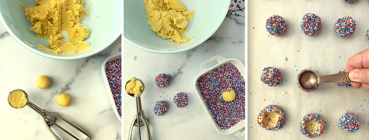 Steps for making the cookie dough balls and rolling them in sprinkles.
