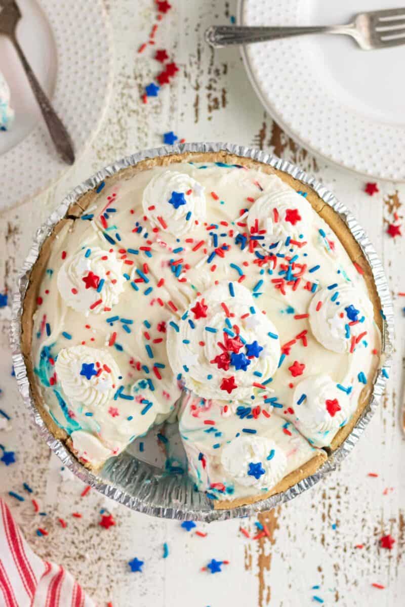 Red, white and blue ice cream pie with sprinkles on top.
