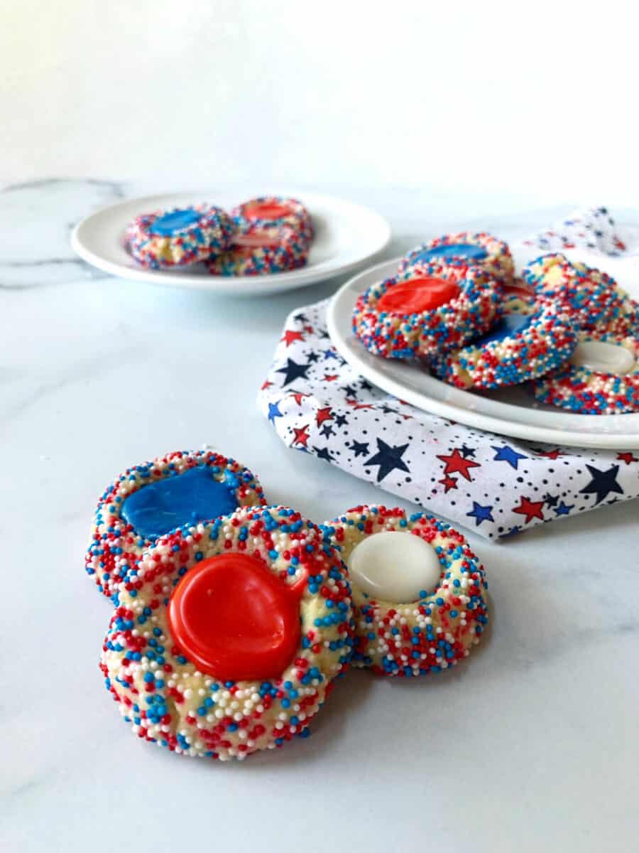 Red, white and blue Thumbprint Cookies.