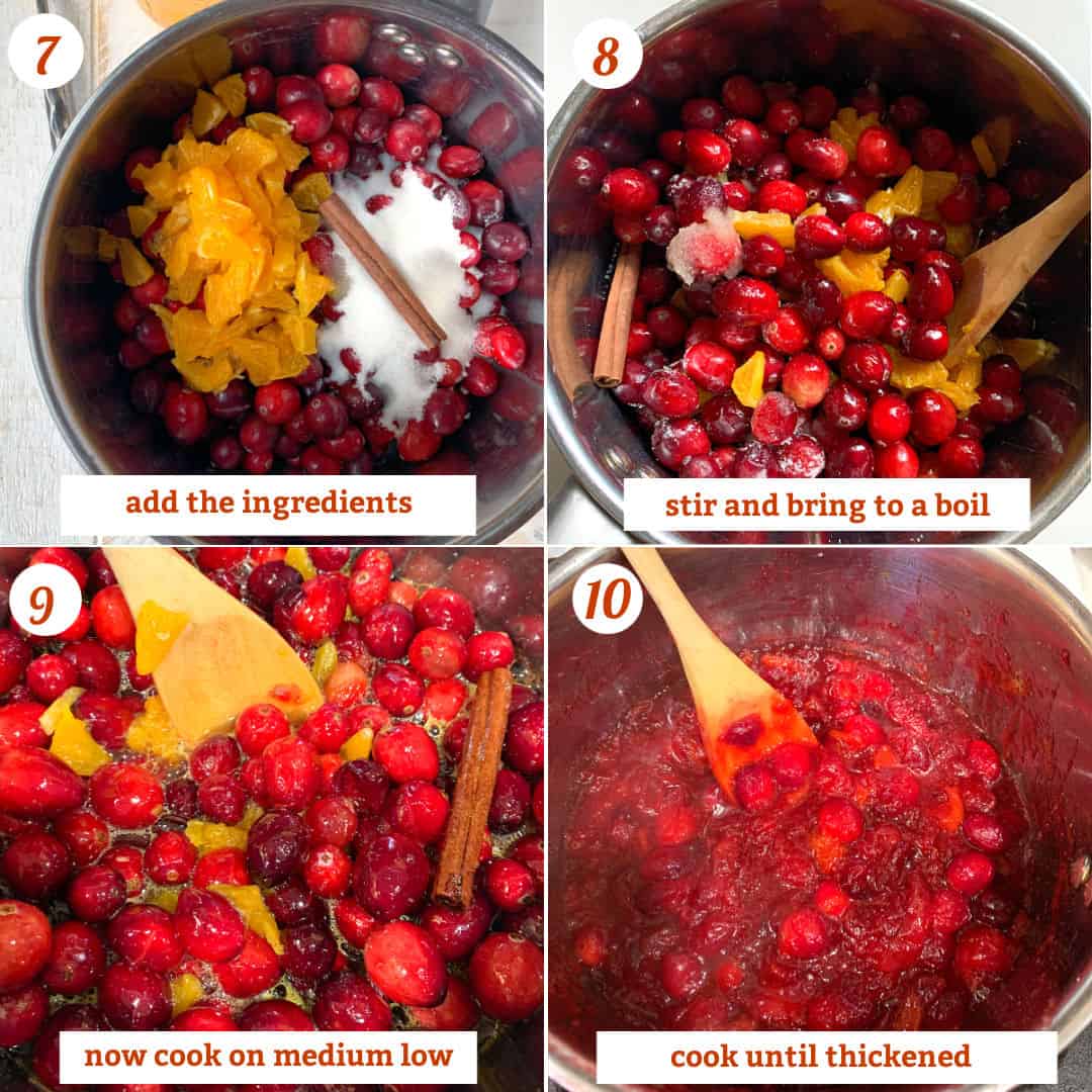 Four steps showing making cranberry sauce.