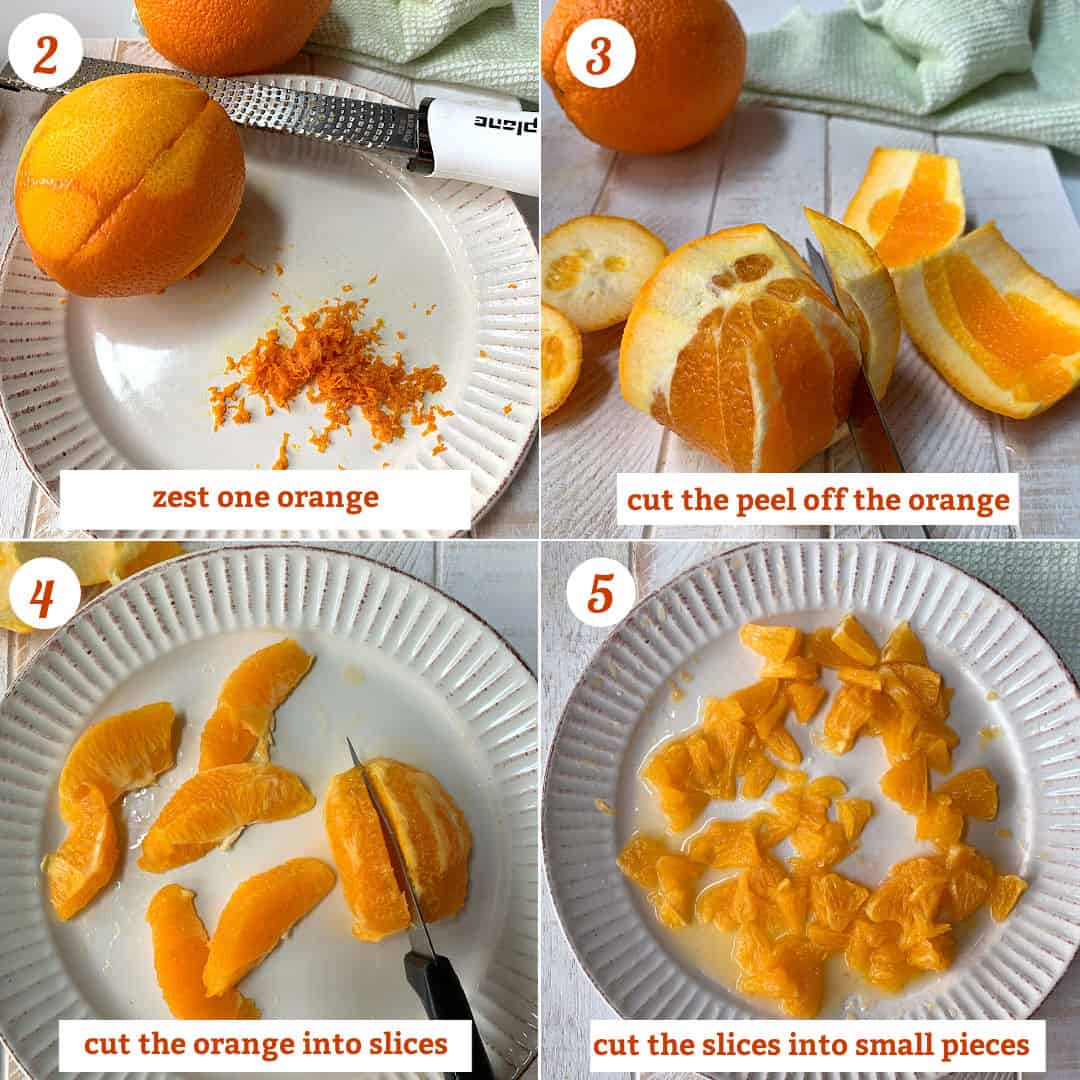 Zesting, peeling and slicing oranges.