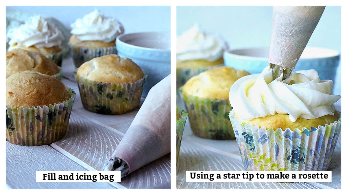 An icing bag and icing a cupcake.