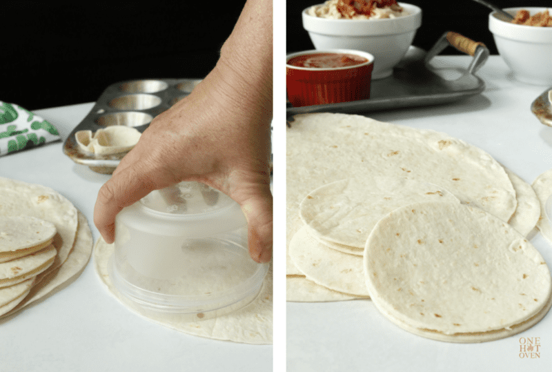 Cutting tortillas into circles.