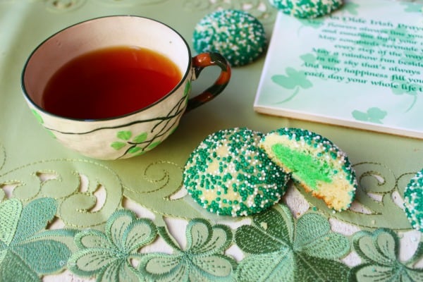 Green cookies for St. Patricks day and a cup of tea.