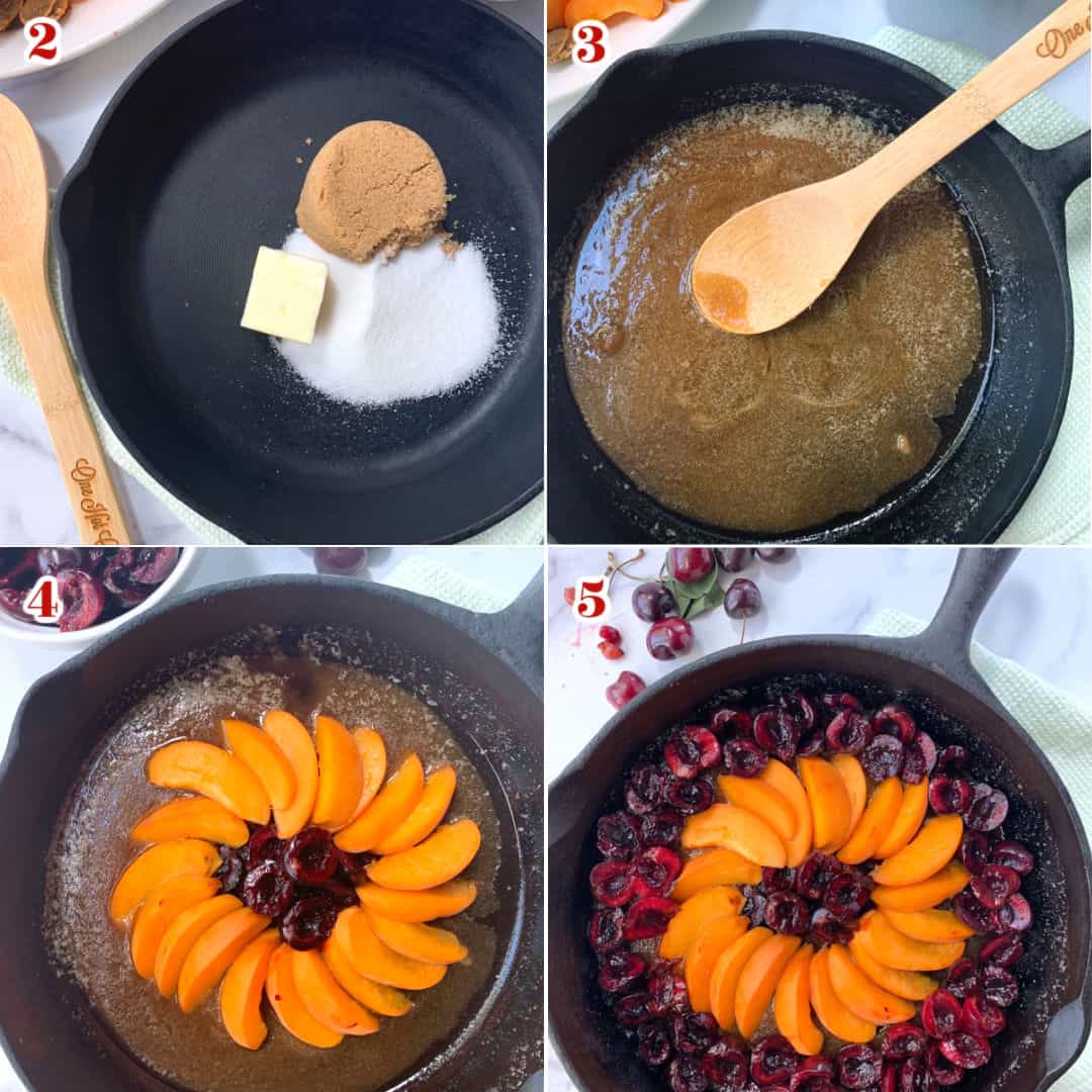 Butter, sugar, apricots, cherries in a cast iron skillet.