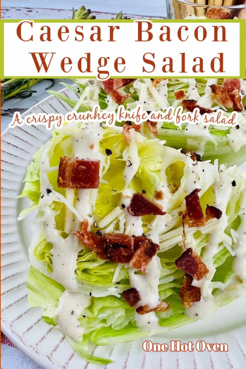 Bacon wedge salad on white plate.