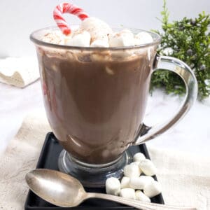 A clear glass of cocoa with marshmallow.