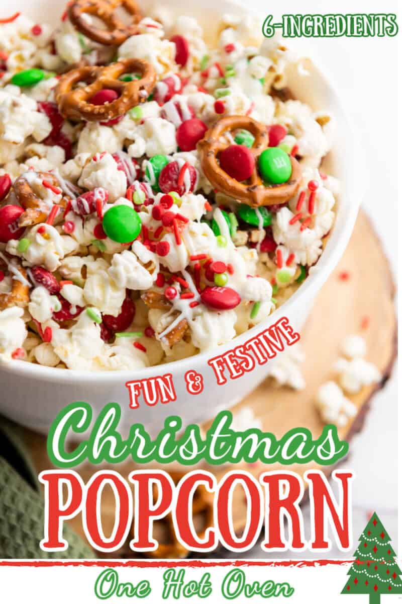 Pinterest pin for Christmas Crunch popcorn with text overlay.