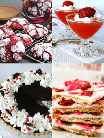 Four images of Valentines day desserts.