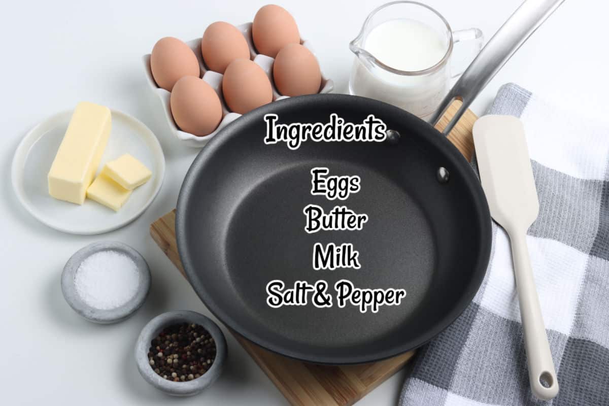 Eggs, butter, milk, salt and pepper and a frying pan with text overlay.