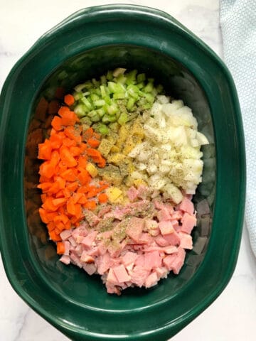 Ham and vegetables in a crock pot.