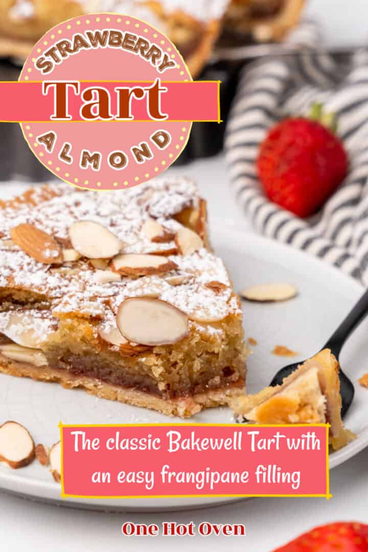 Bakewell tart Pinterest pin with text overlay.