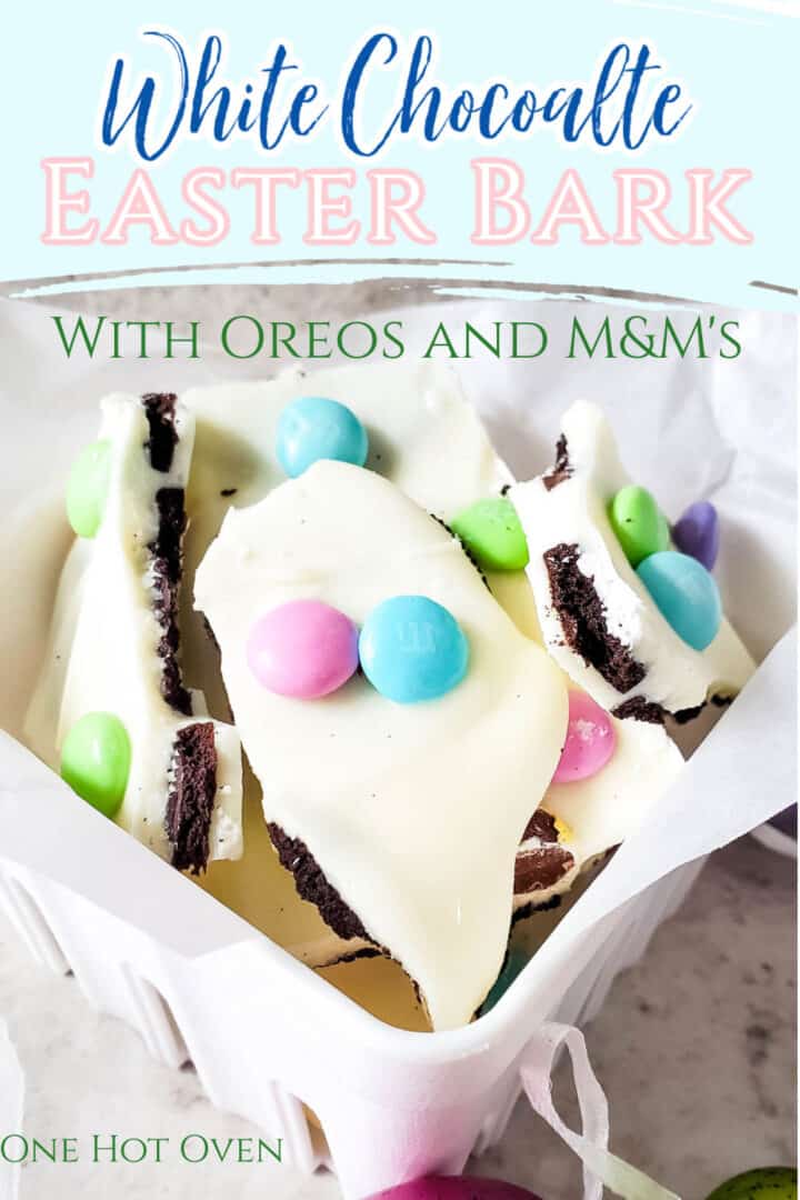 White chocolate easter bark with oreos and msms Pinterest pin with text overlay.