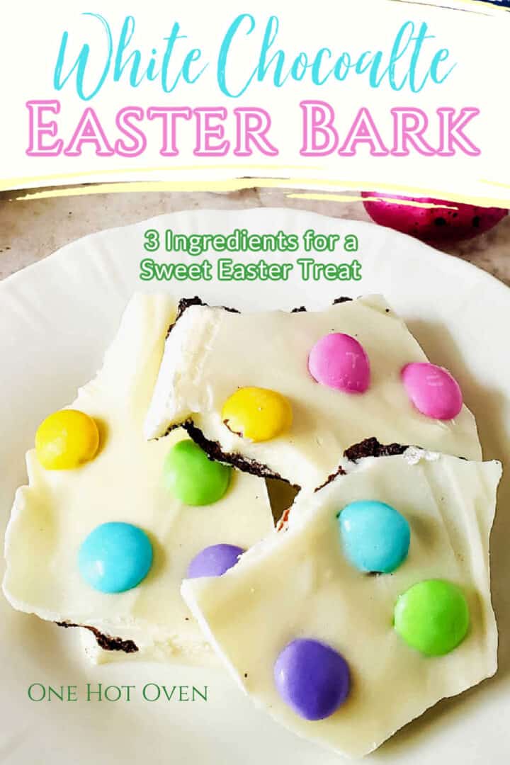White chocolate easter bark with text overlay.