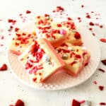 Valentine's day fudge on a white plate.