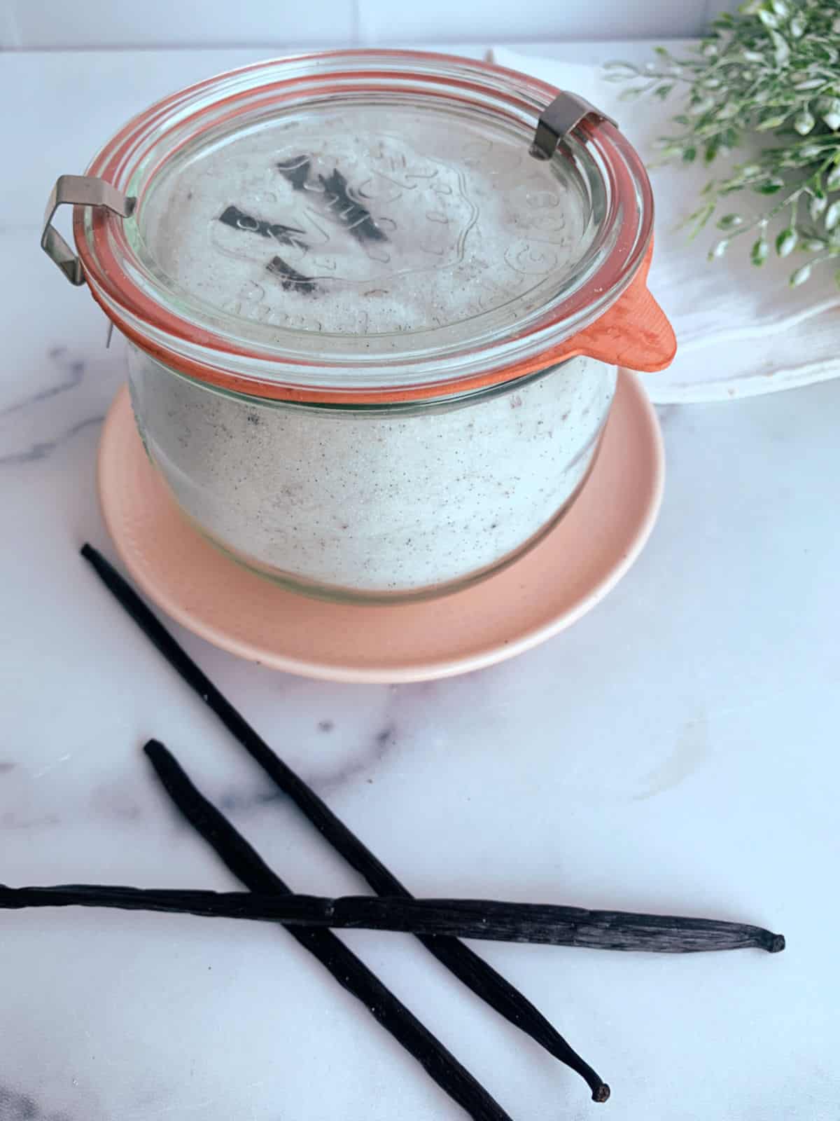 A jar with vanilla and vanilla beans on a white plate.