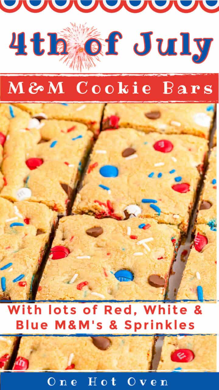 Promotional image for 4th of july m&m cookie bars topped with red, white, and blue m&ms and sprinkles, with a fireworks design and text above.