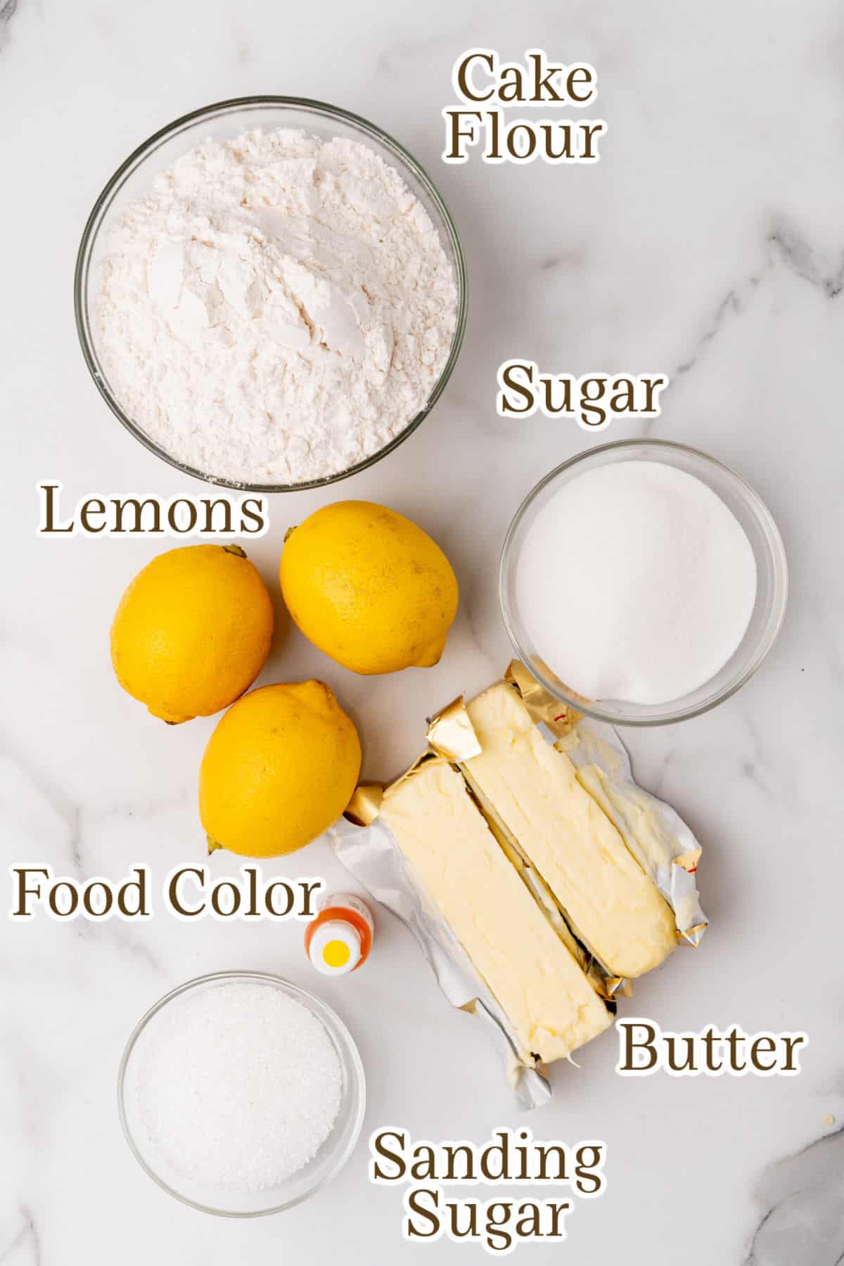 Flour, sugar, butter, food coloring and lemons for lemon shortbread cookies with text overlay.
