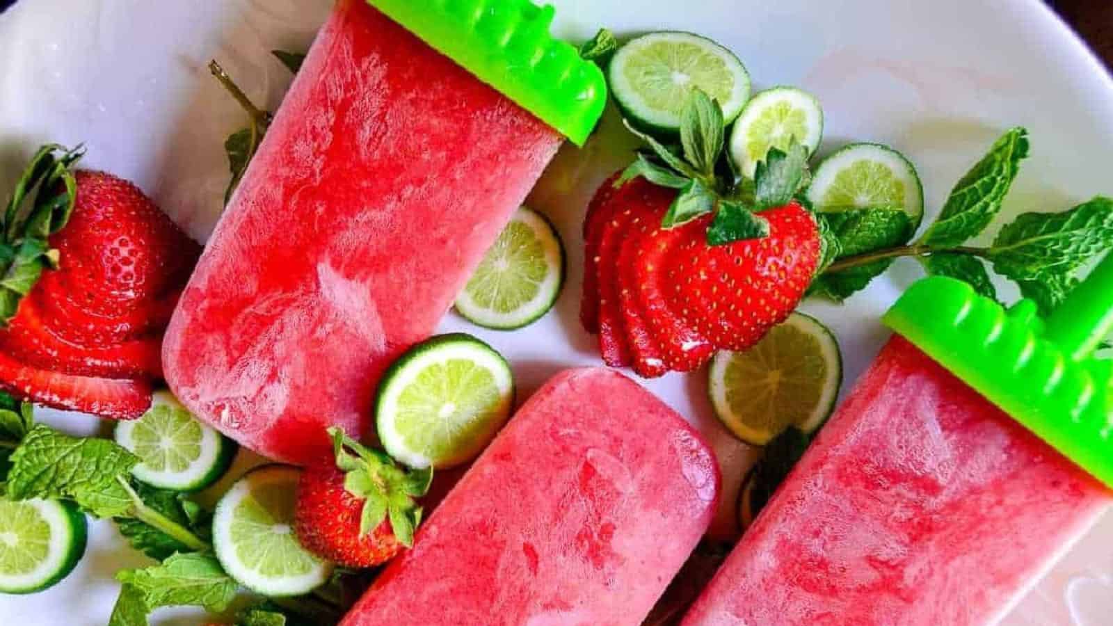 Strawberry mojito wine popsicles on a white plate with strawberries lime and mint leaves.