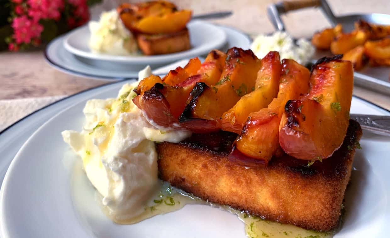 Grilled peaches over poundcake with a honey drizzle.