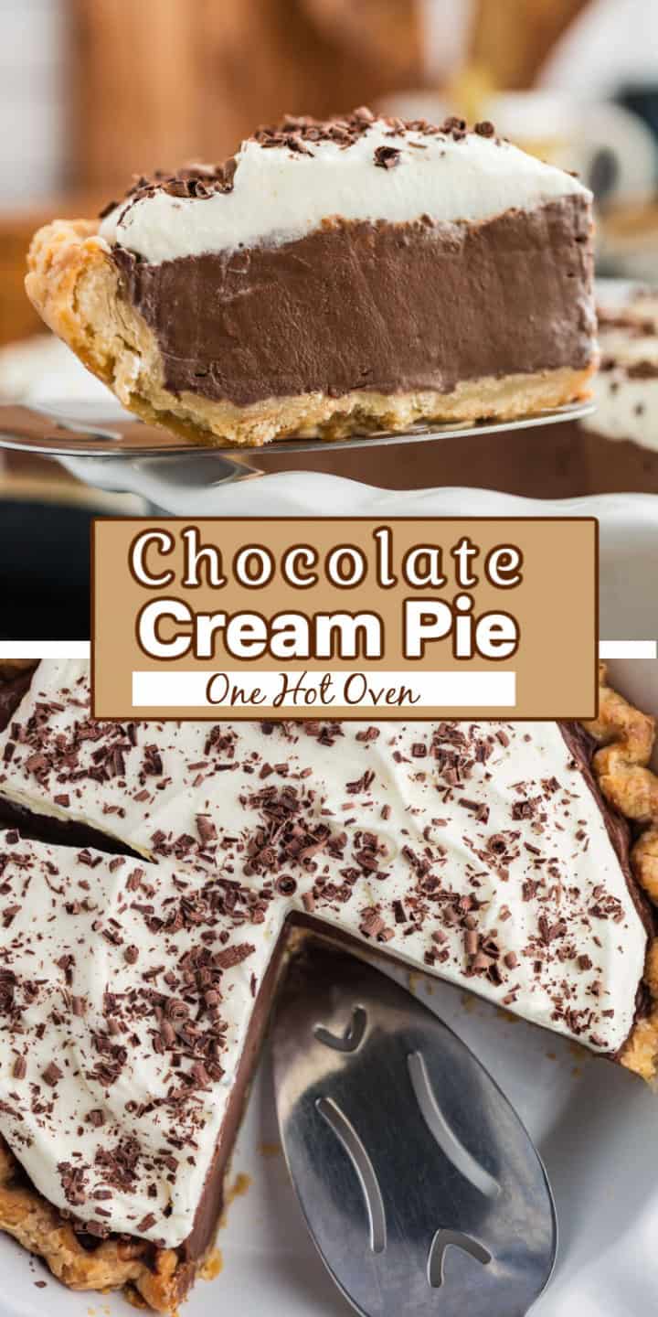 Slice of chocolate cream pie with whipped topping and chocolate shavings on a serving utensil above a whole pie with one piece missing.