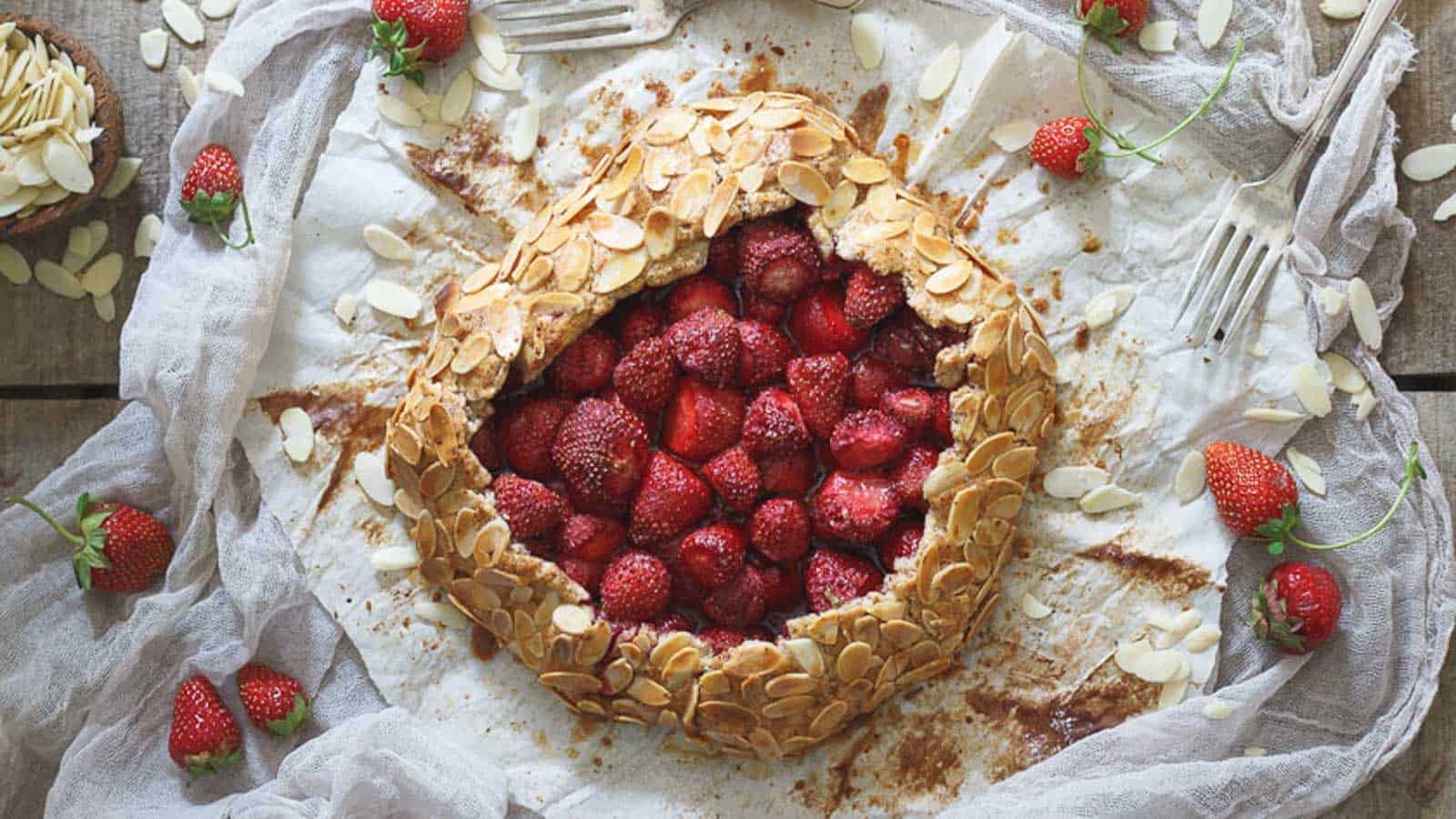 A rustic strawberry tart with almond slices on a white cloth, surrounded by whole strawberries and forks.