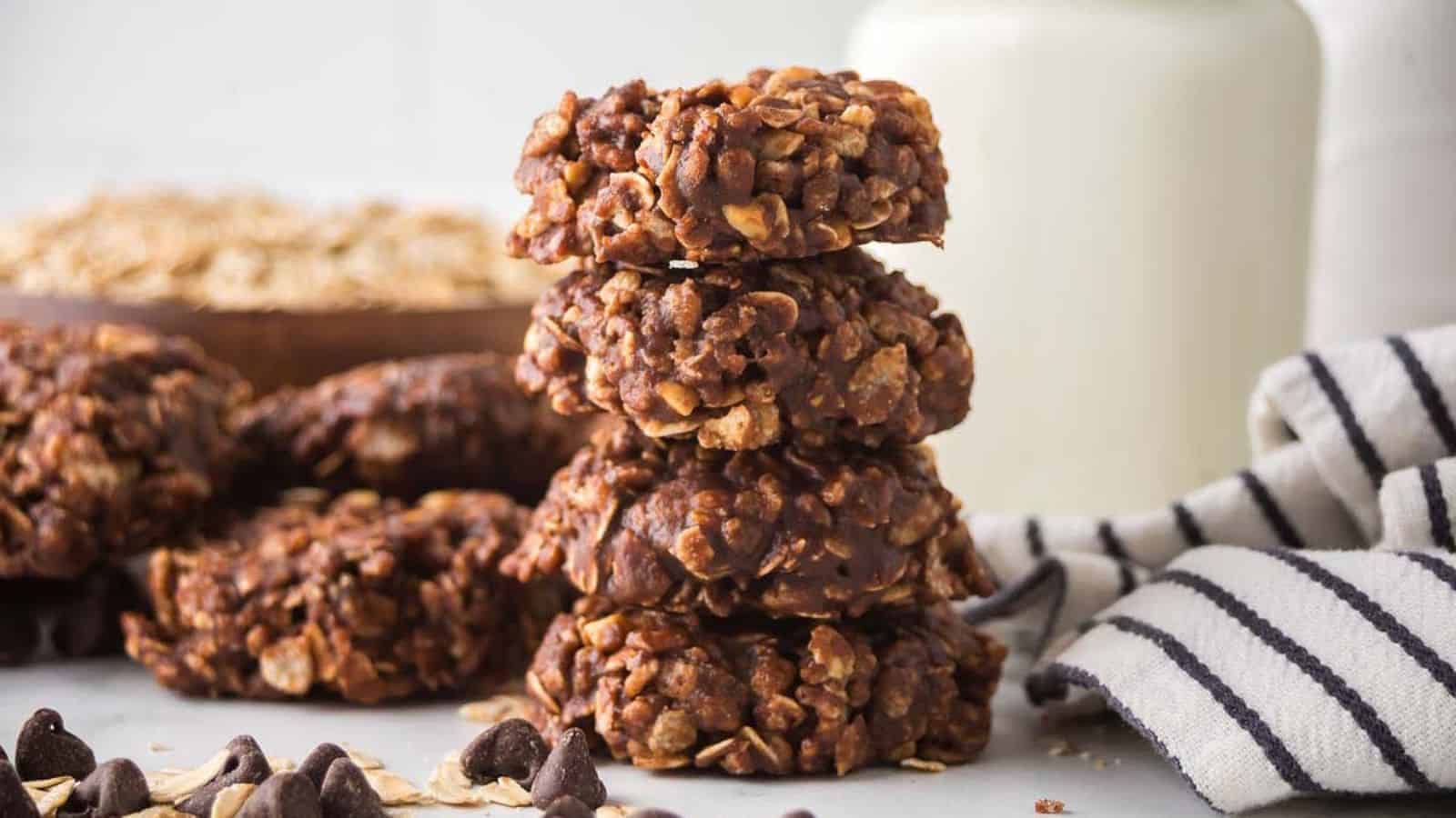 Stack of chocolate peanut butter cookies made with oats and rice krispies.