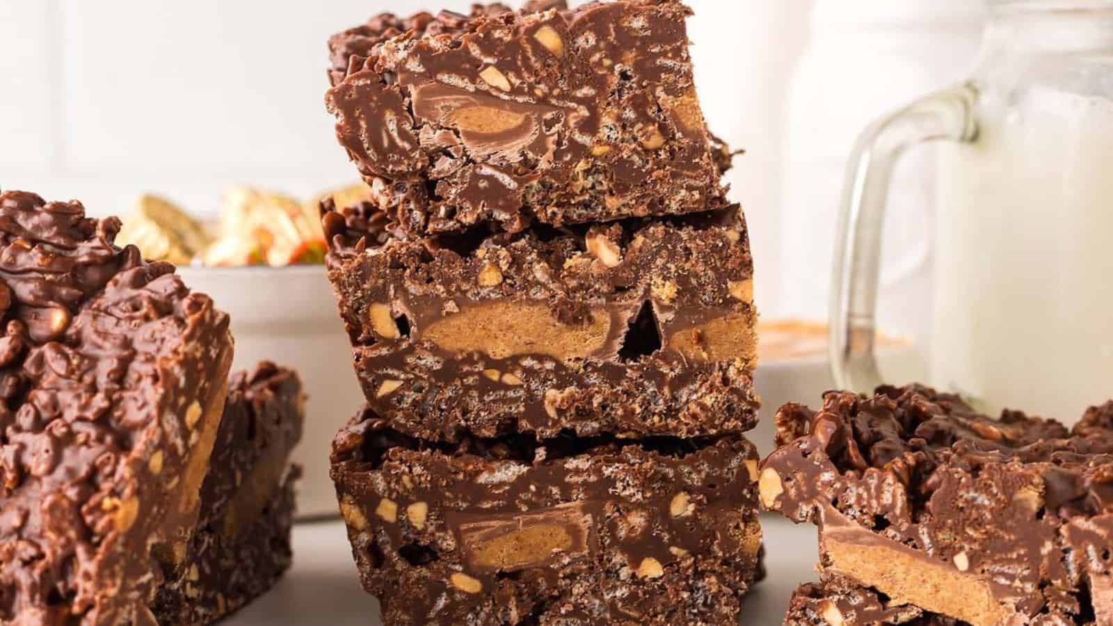Stacked chocolate peanut butter crunch bars.