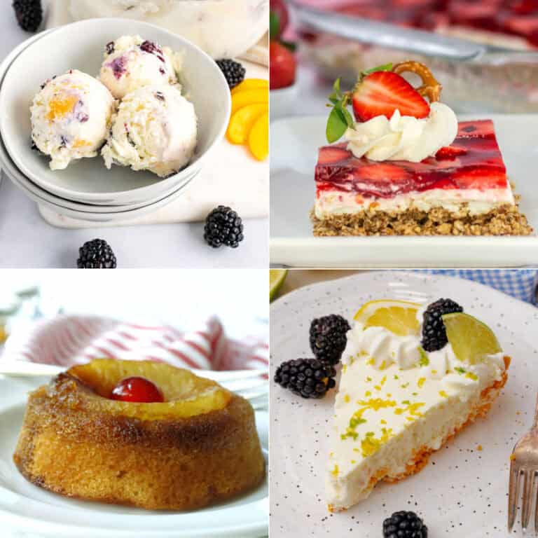 A collage of four desserts: blackberry ice cream, a strawberry pretzel dessert bar, pineapple upside-down cake, and a slice of key lime pie with blackberries.