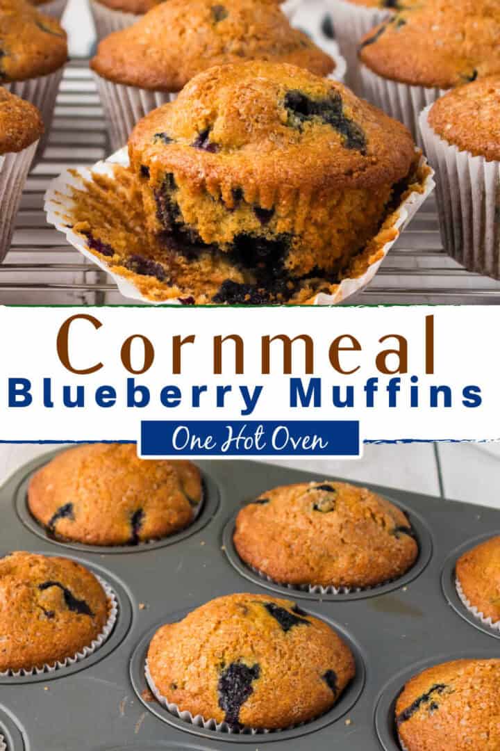 Cornmeal blueberry muffins cooling on a wire rack and in a muffin pan, with one muffin partially unwrapped to show the inside texture and blueberries.