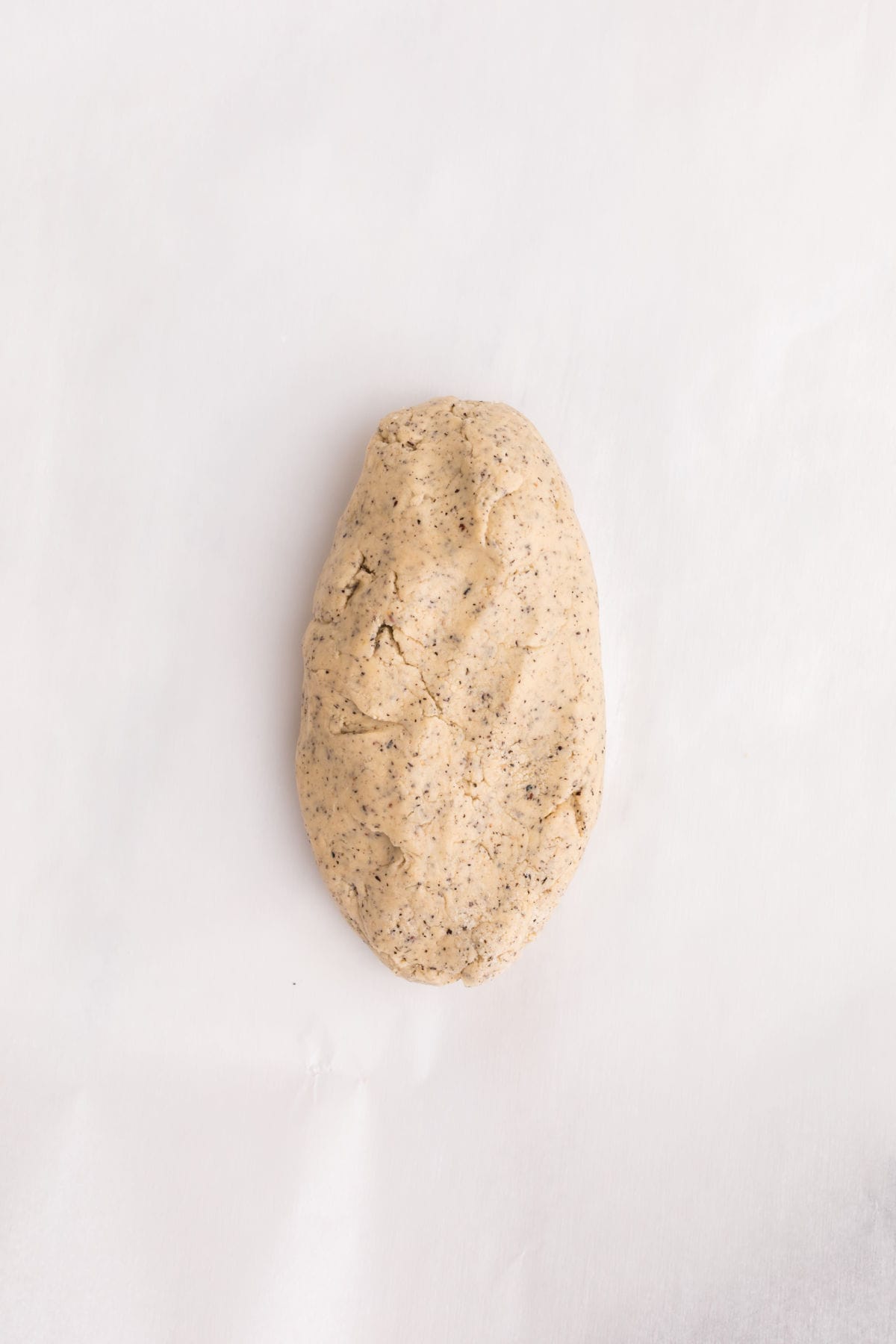 A ball of raw speckled dough rests on a plain white surface.