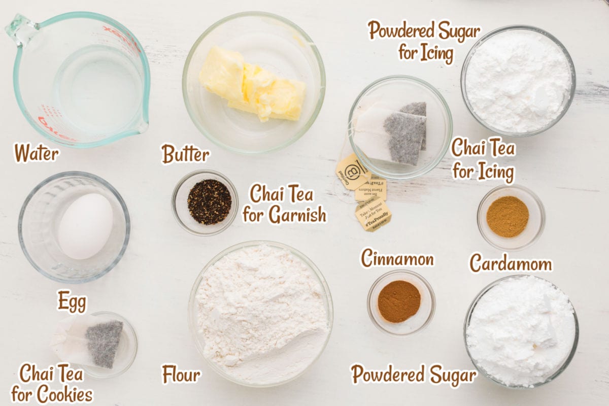Top-down view of separated baking ingredients including butter, flour, egg, water, powdered sugar, spices, and tea, each labeled with its purpose in the recipe.