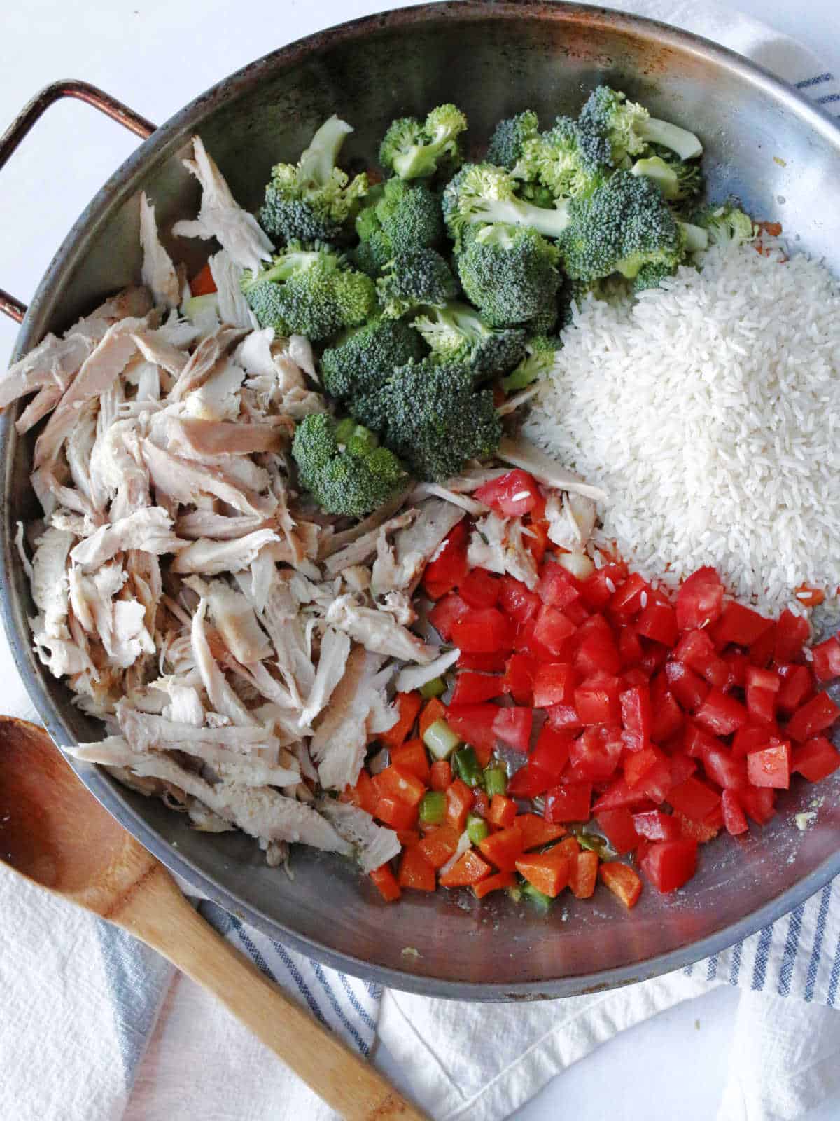 A large pan with separated piles of shredded turkey, broccoli florets, white rice, and diced tomatoes with peppers, next to a wooden spoon.
