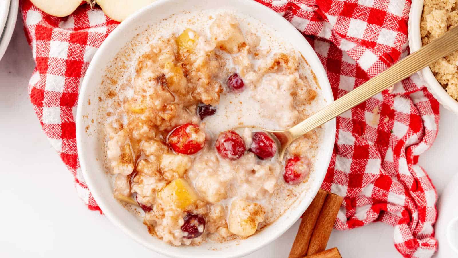 A white bowl filled with oatmeal and cranberries.