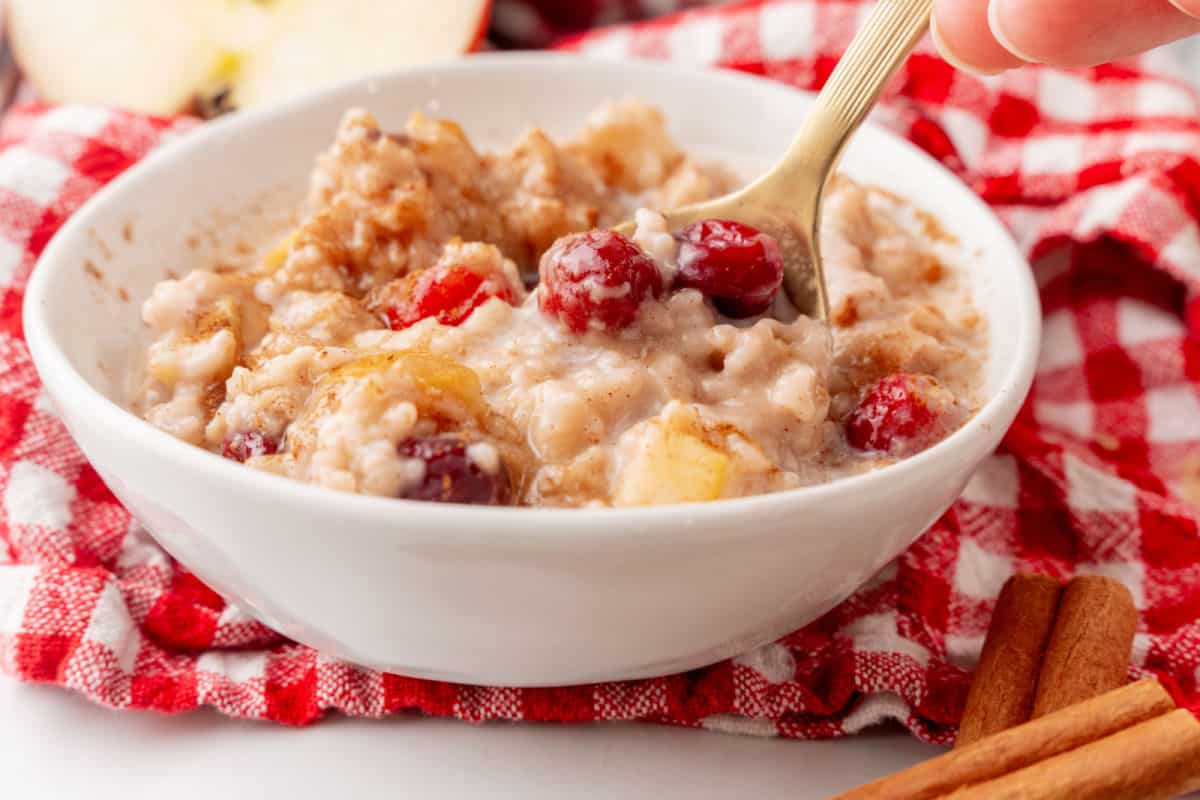 A bowl of oatmeal with cranberries and apples on a red checkered cloth, with a spoon and cinnamon sticks nearby.
