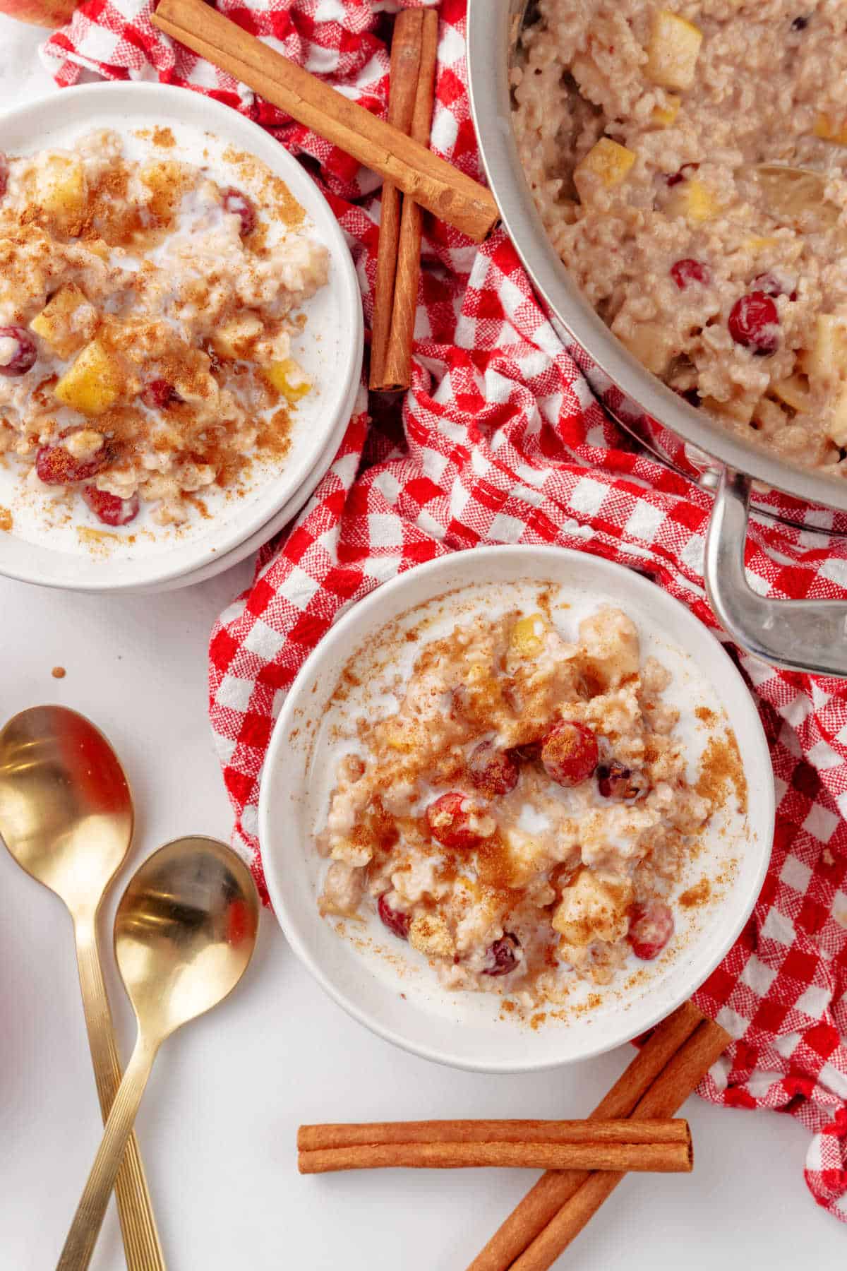Two bowls of oatmeal with apple, cranberries and cinnamon, next to a pot of oatmeal, cinnamon sticks, and gold spoons on a red-checkered cloth.